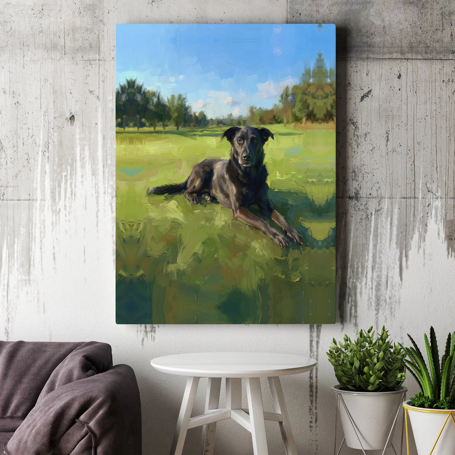 Black Dog Canvas Wall Art | Impressionist Field Portrait | Premium 1.25 Inch Gallery Wrap | Dog Lover Home Decor Gift
