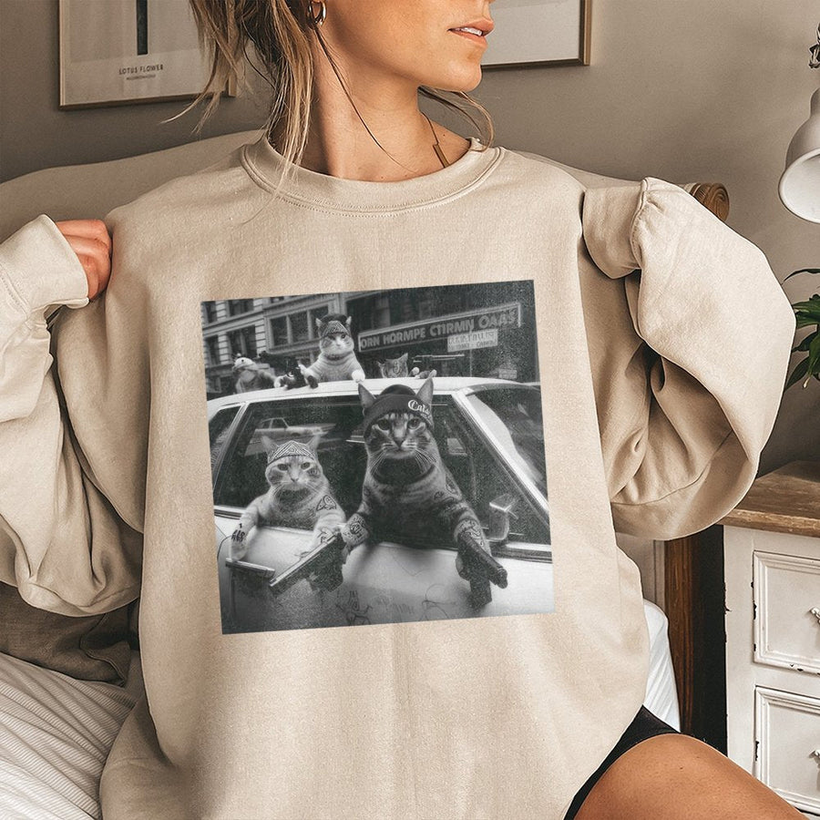 Funny Cat Gang Sweatshirt | Retro Streetwear Graphic Design | Premium Cotton-Poly Blend | Humorous Meme Apparel Gift for Cat Lovers