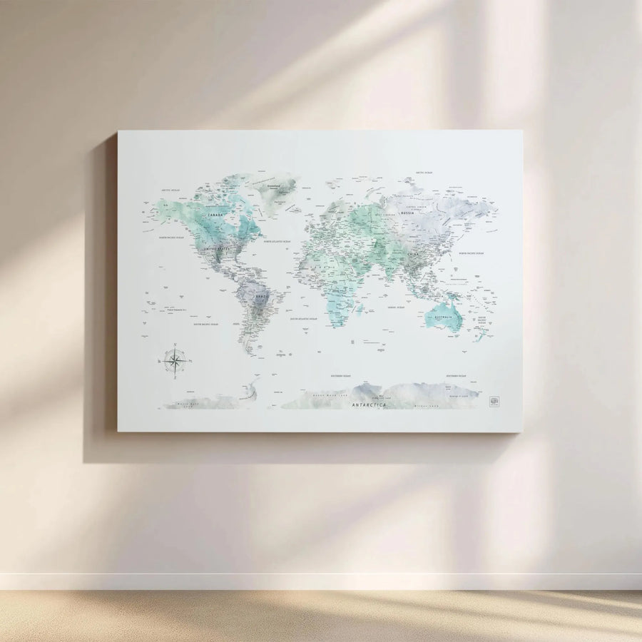World Map Wall Art | Teal and Gray Watercolor Canvas Print | Gallery Wrap 1.25 Inch Thick | Modern Office Decor or Travel Enthusiast Gift
