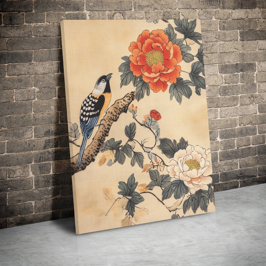 Vintage Japanese Bird and Peony Canvas Print | Traditional Asian Art Style | 1.25-Inch Gallery Wrap | Premium Wall Decor for Living Room