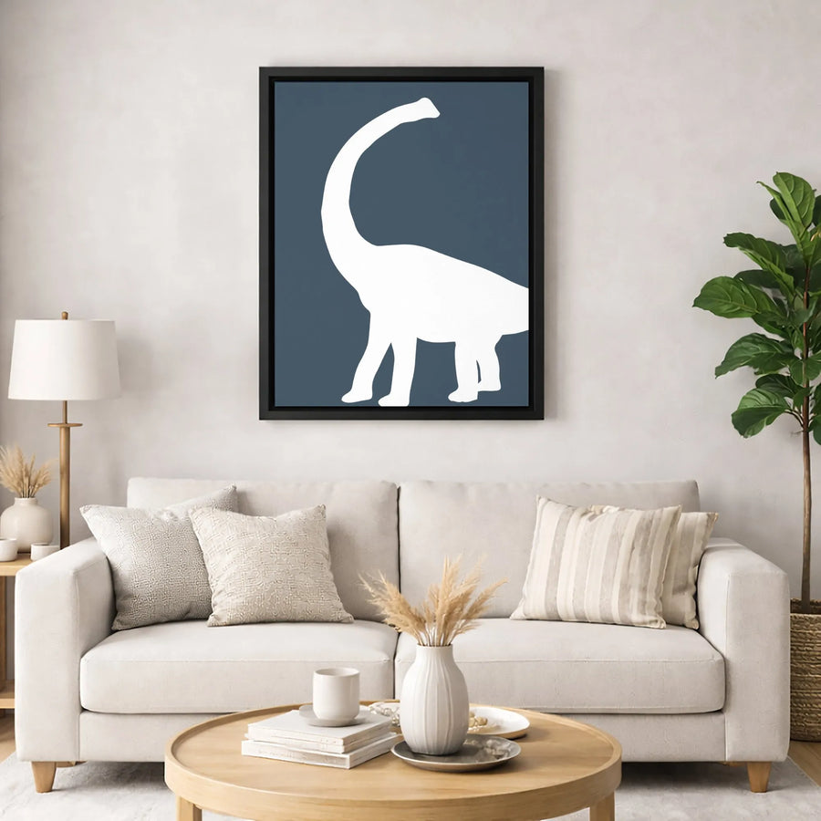 Brachiosaurus Dinosaur Canvas Wall Art | Minimalist Blue and White Silhouette | Premium Fade-Resistant Gallery Wrap | Modern Kids Nursery Decor Gift