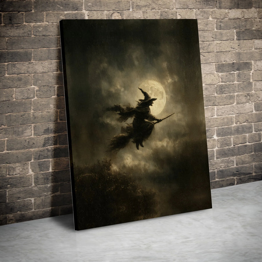 Witch Flying on Broomstick Wall Art | Gothic Full Moon Silhouette Print | Premium Gallery Canvas | Spooky Halloween Home Decor Gift