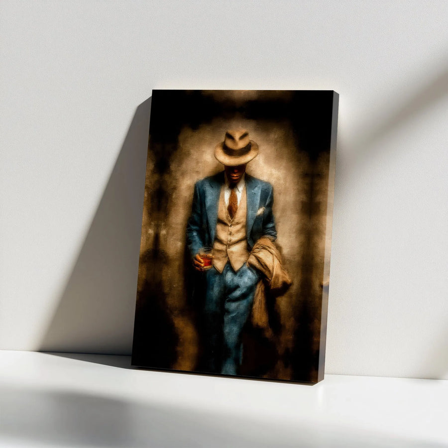 Gangster Wall Art Canvas Print | Man in Fedora with Whiskey Glass | Premium Fade-Resistant Print | Collector's Gift for Man Cave or Bar