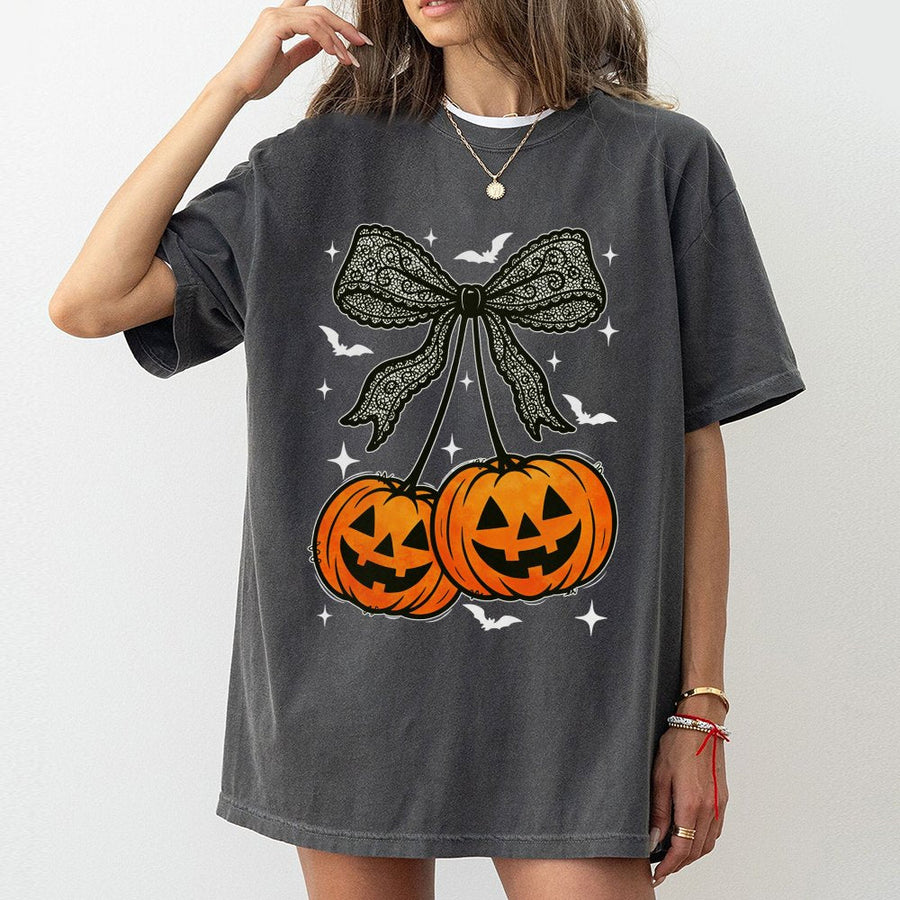 Pumpkin Cherry Bow T-Shirt | Spooky Cute Halloween Graphic Tee | 100% Cotton Premium Quality | Festive Fall Gift For Women & Teens