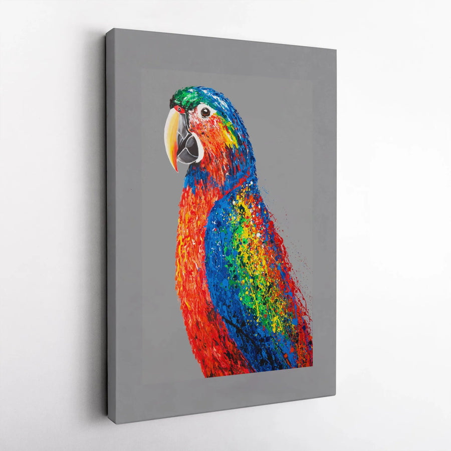 Colorful Parrot Canvas Wall Art | Abstract Macaw Paint Splatter Print | Premium Thick Gallery Wrap Canvas | Modern Home Decor Gift for Bird Lover
