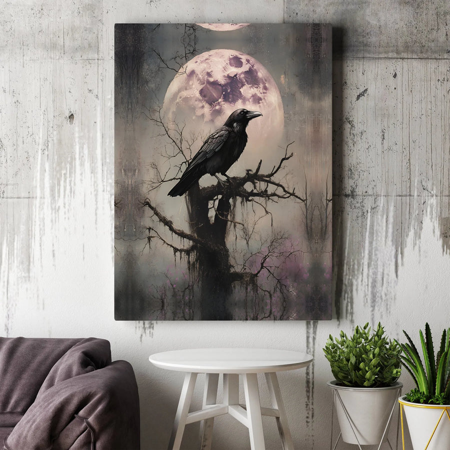 Gothic Raven Canvas Wall Art | Full Moon Dark Forest Design | 1.25-Inch Gallery Wrap | Spooky Home Decor Gift for Dark Academia Lovers