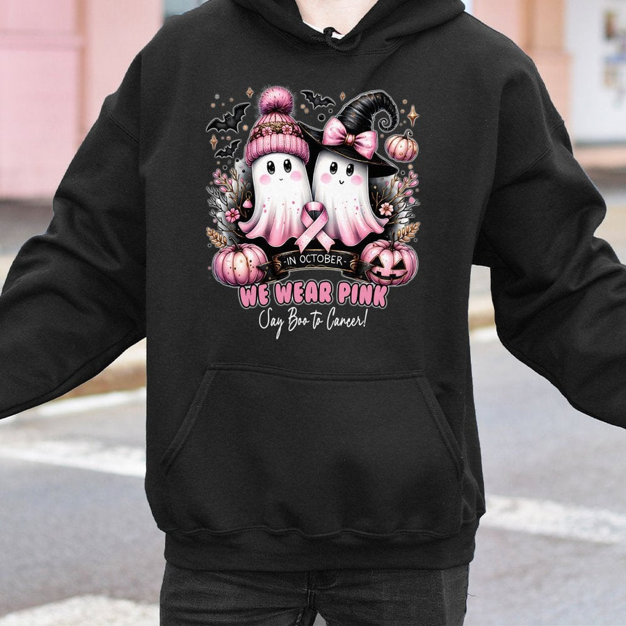 In October We Wear Pink Ghost Hoodie | Breast Cancer Awareness Halloween Gift | Soft Cotton-Blend Pullover | Unisex Cancer Survivor Support Sweatshirt