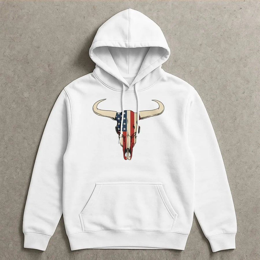American Flag Bull Skull Hoodie | Patriotic Western Cowboy Graphic | Soft Cotton-Poly Blend | Country Apparel Gift for Men and Women