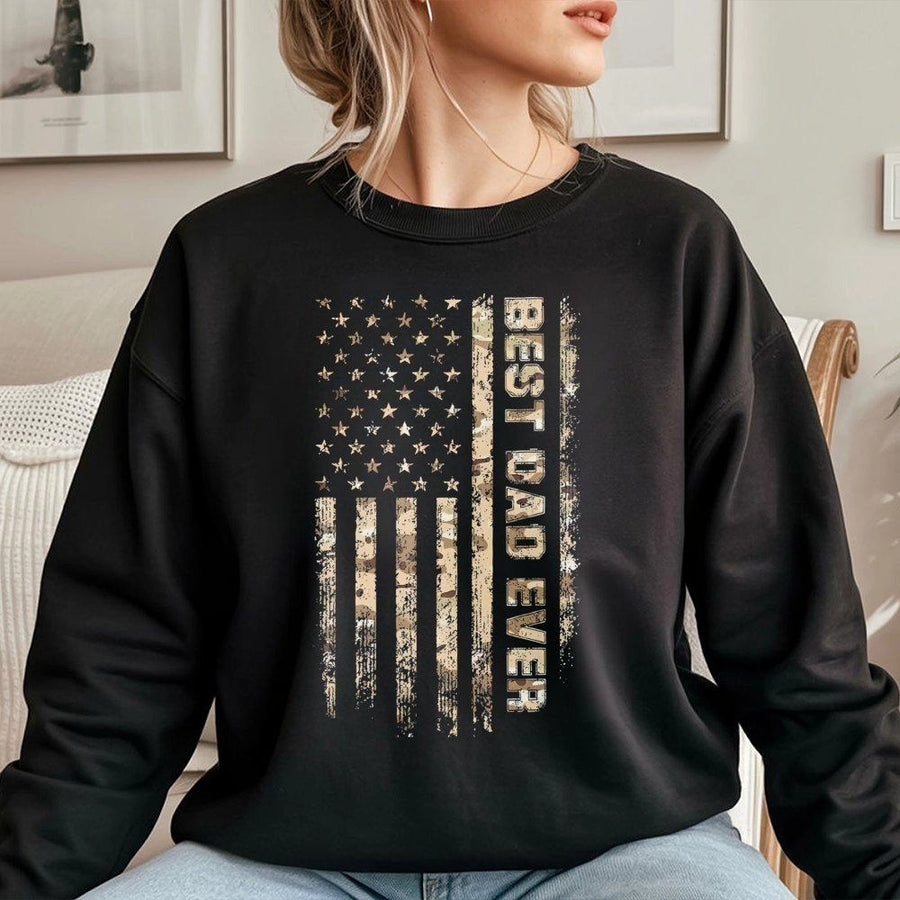 Best Dad Ever Sweatshirt | American Flag Camo Design | Premium Cotton Blend | Father's Day 2026 Gift For Dad | Unisex Crewneck Pullover
