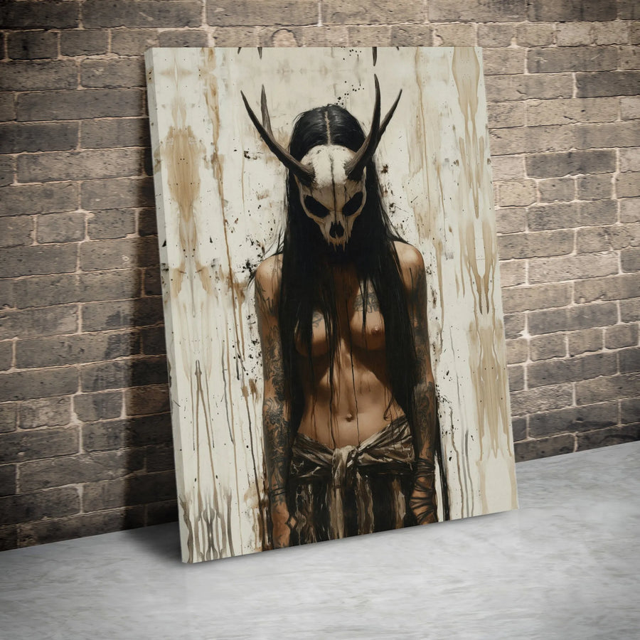 Gothic Skull Mask Wall Art | Dark Surrealism Tattooed Woman Canvas | Premium Gallery Wrap Print | Edgy Home Decor for Bedroom or Studio