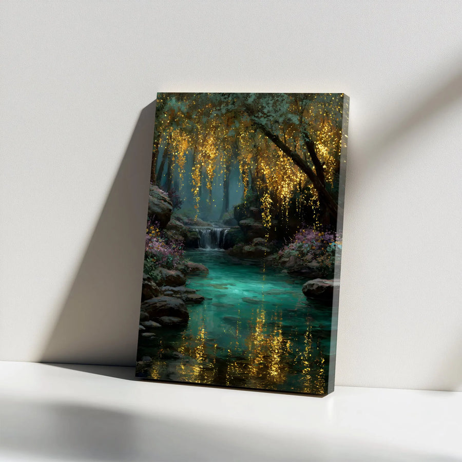 Enchanted Forest Vertical Canvas | Glowing Golden Trees & Mystical River Scene | Premium Gallery Wrapped Wall Art | Modern Frameless Home Decor Gift