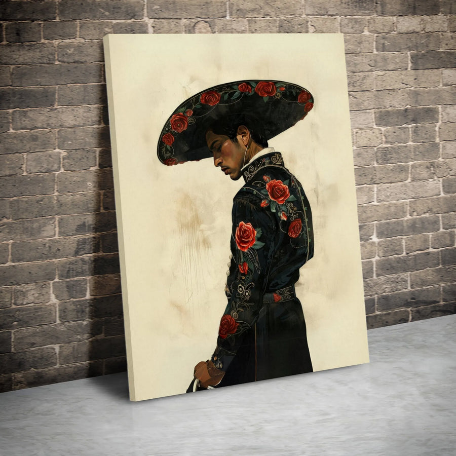 Mariachi Canvas Wall Art | Charro Suit With Red Roses Portrait | Premium Gallery Wrap Print | Mexican Culture Home Decor Gift