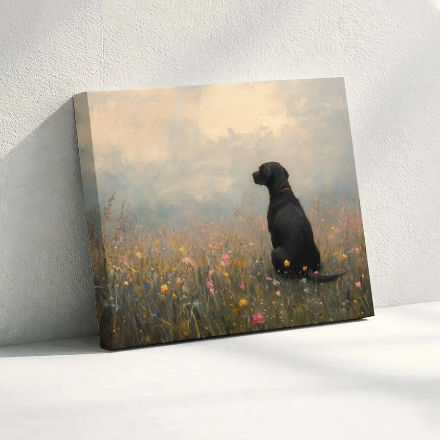 Black Labrador Canvas Art | Impressionist Wildflower Meadow Painting | Premium Gallery Wrap Print | Dog Lover Home Decor Gift