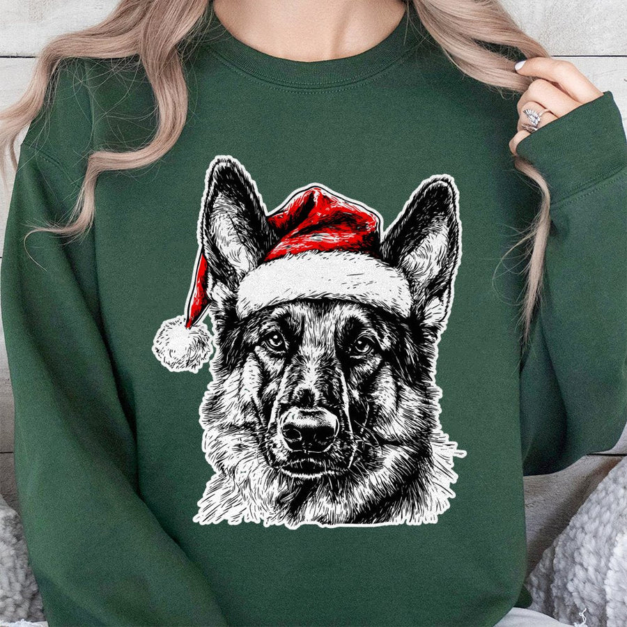 German Shepherd Christmas Sweatshirt | Santa Hat Dog Graphic Print | Premium Cozy Cotton Blend | Holiday Gift For Dog Lovers