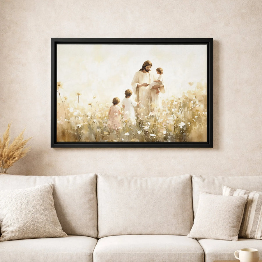 Jesus With Children Wall Art | Watercolor Field of Wildflowers Canvas | Premium 1.25" Gallery Wrap | Inspirational Christian Home Decor Gift