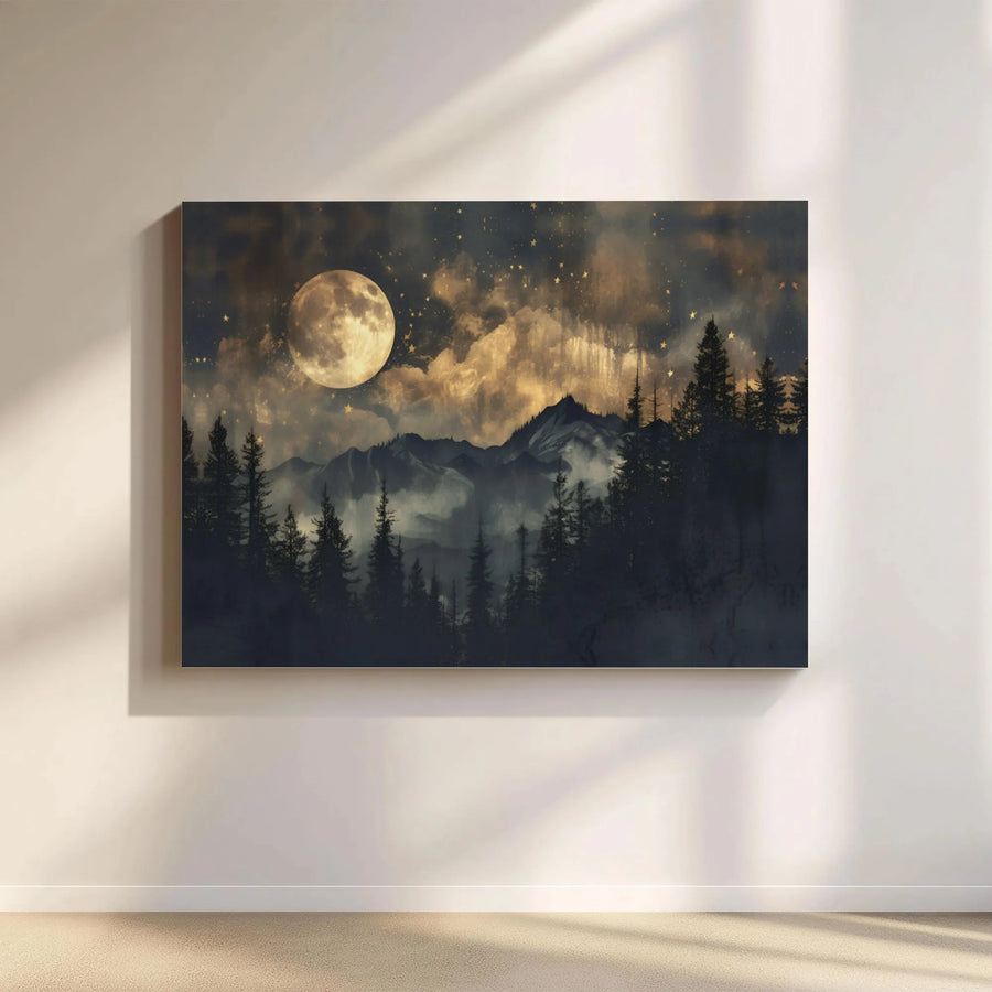 Mountain Forest Wall Art | Moody Full Moon Night Landscape | Premium 1.25" Gallery Wrapped Canvas | Minimalist Home Decor Gift