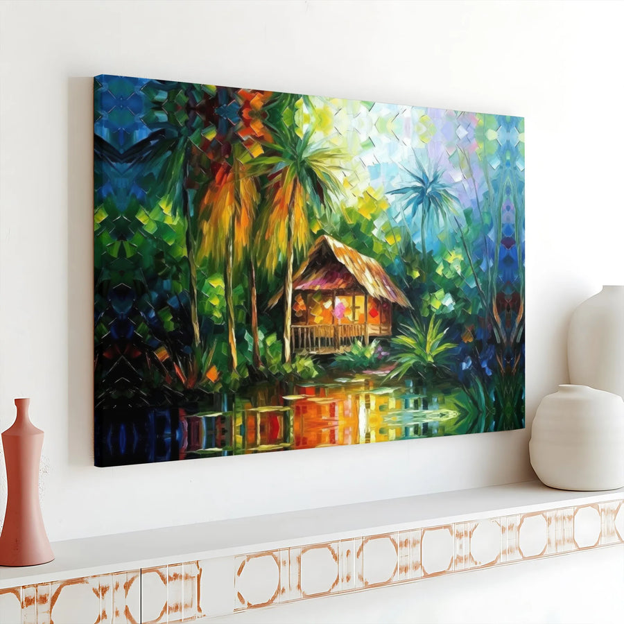 Tropical Jungle Hut Canvas Print | Vibrant Abstract Landscape Art | Gallery Wrapped 1.25" Thick Canvas | Boho & Tropical Home Decor Gift