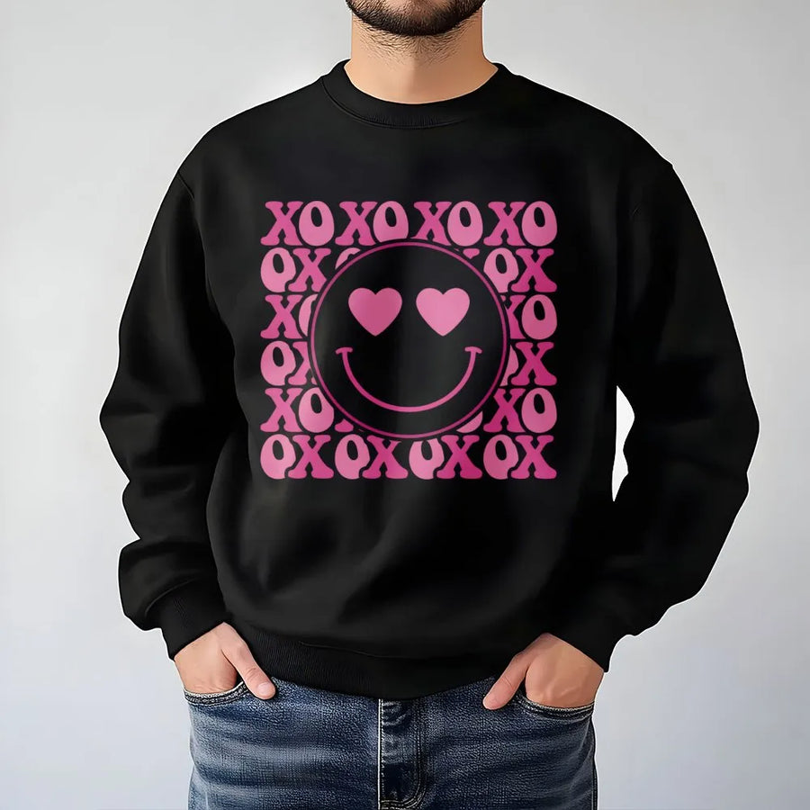 Smiley Face Valentine Sweatshirt | Retro Pink XOXO Graphic Design | Premium Cotton Blend | Cute Gift for Her, Aesthetic Valentine's Day Crewneck