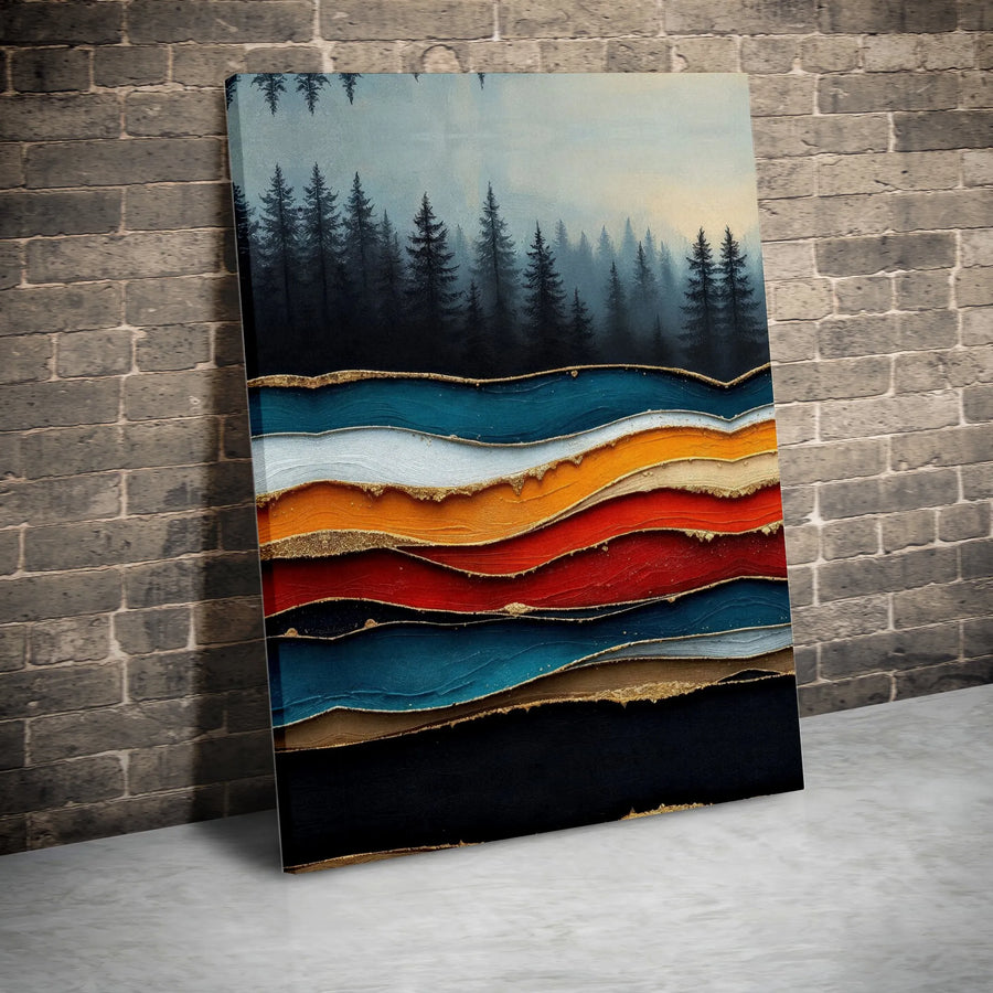 Abstract Mountain Wall Art | Misty Pine Forest With Gold Accents | Premium Gallery Wrap Canvas | Modern Minimalist Home Decor Gift