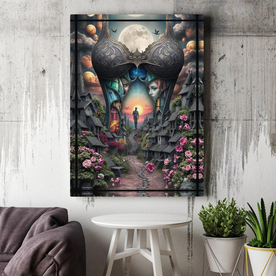 Surreal Fantasy Canvas Print | Corset Illusion with Gothic Village Art | Premium Thick Gallery Wrap | Unique Home Decor Gift for Fantasy Lovers