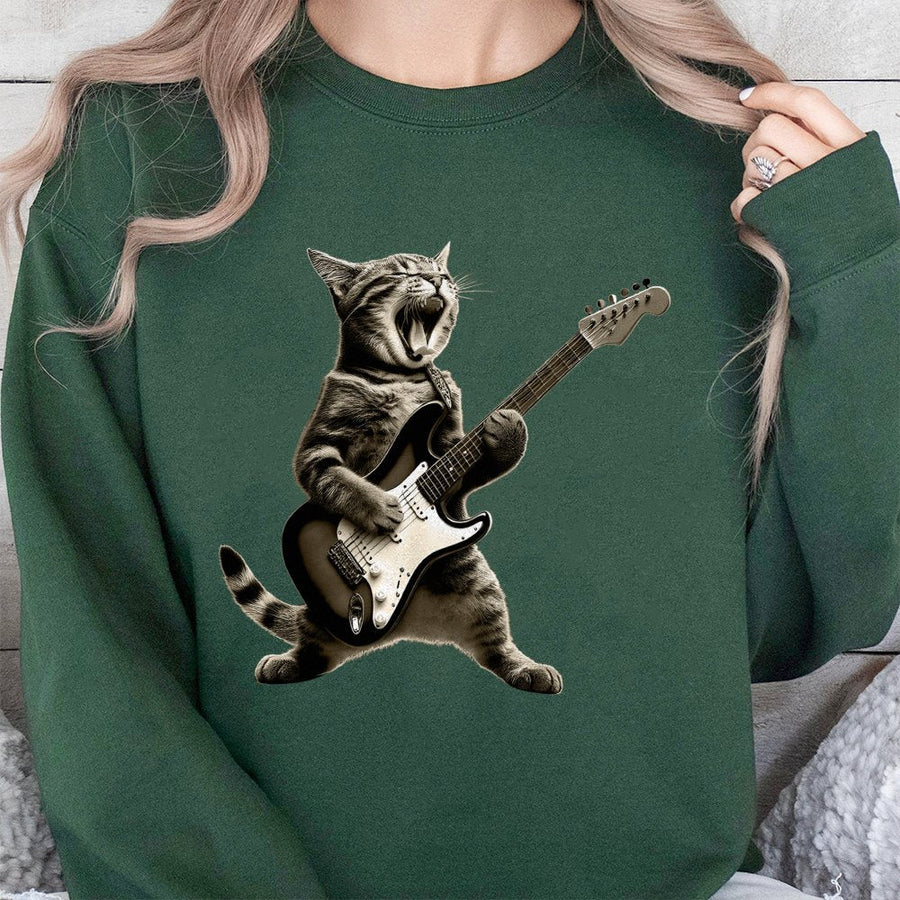 Rock Cat Sweatshirt | Funny Guitar Playing Kitty Graphic | Premium Cotton Blend | Music Lover Gift For Men And Women