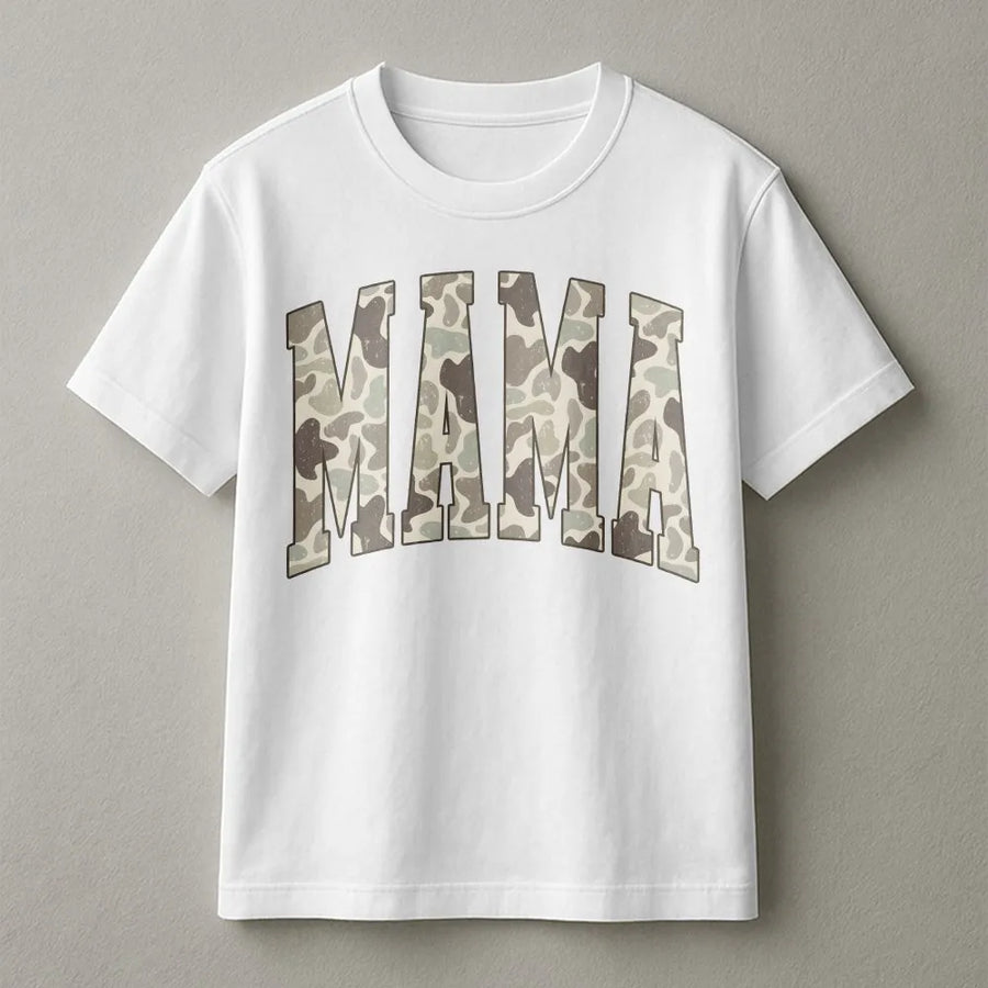Mama Camo T-Shirt | Duck Hunting Camouflage Lettering | Soft Cotton-Poly Pullover | Mothers Day Gift for Outdoorsy Mom