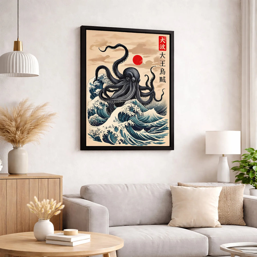 Japanese Octopus Canvas Wall Art | Kraken Great Wave Ukiyo-E Print | Gallery Quality 1.25 Inch Profile | Premium Home Decor Gift