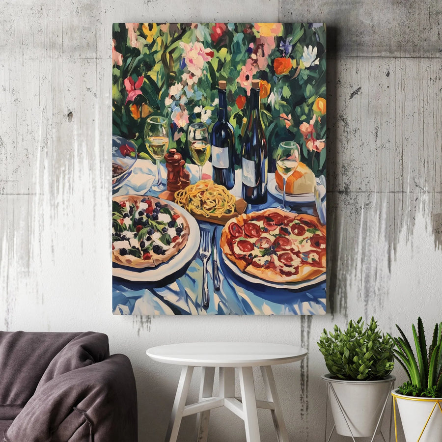 Italian Dinner Canvas Print | Pizza Pasta and Wine Garden Wall Art | Gallery-Quality 1.25" Thick Frame | Culinary Kitchen Decor for Foodies
