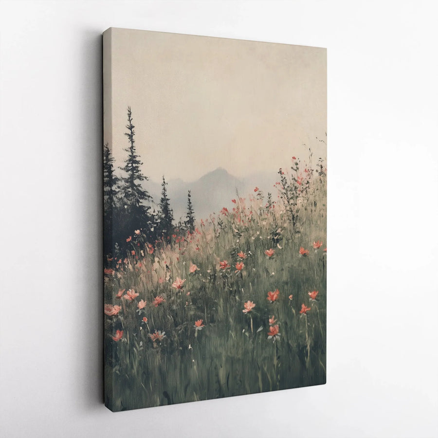 Wildflower Meadow Canvas Wall Art | Vintage Mountain Landscape Painting | Premium 1.25" Thick Gallery Canvas | Boho Farmhouse Home Decor Gift