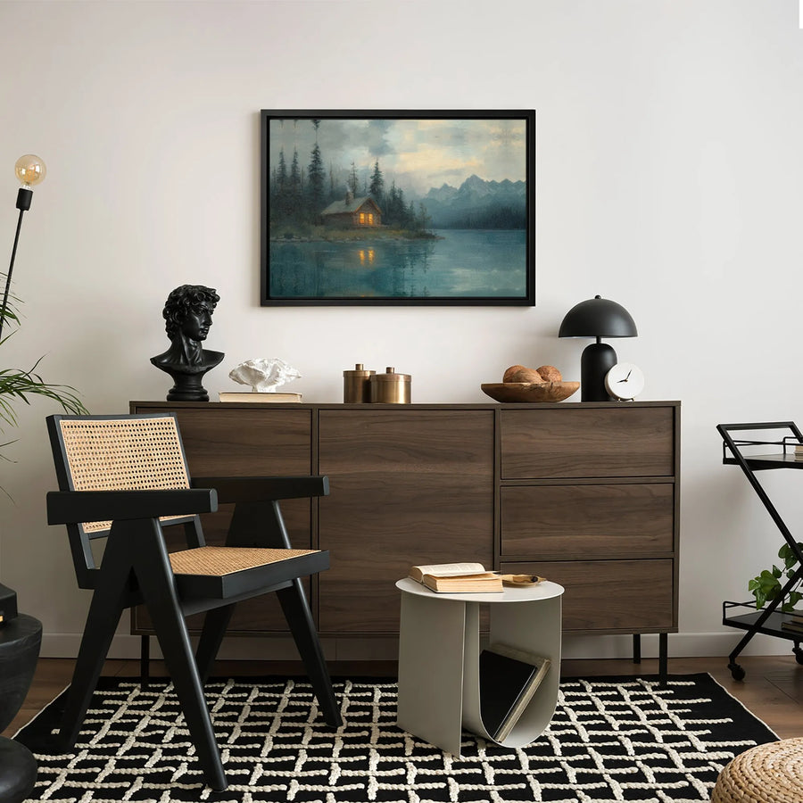 Log Cabin Lake Canvas Wall Art | Mountain Forest Landscape Painting | Premium Gallery Wrap Print | Rustic Home Decor Gift