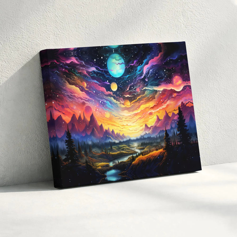 Cosmic Mountain Landscape Canvas | Surreal Alien Planet Wall Art | Gallery Quality Fade-Resistant Print | Large Galaxy Decor Gift for Office