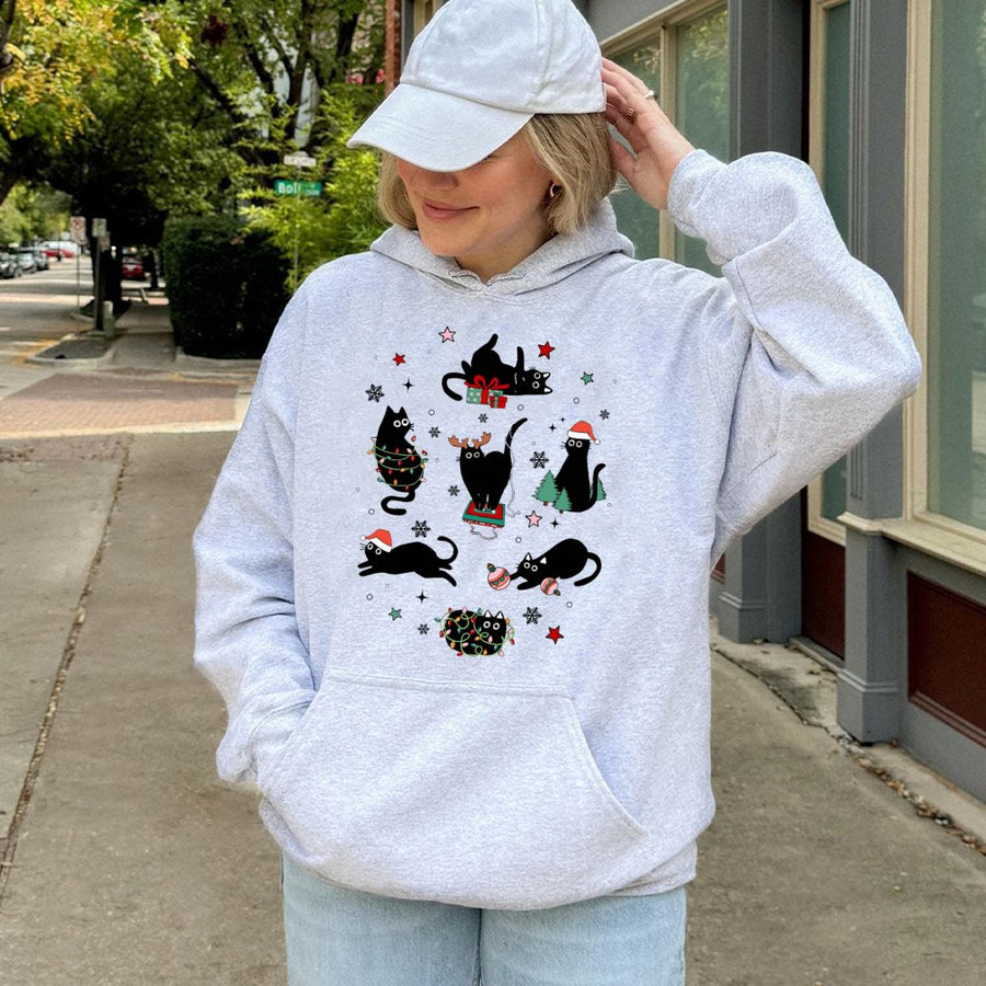 Christmas Cat Hoodie | Festive Black Cats Graphic Design | Soft Cotton-Blend Pullover | Cute Animal Lover Holiday Gift