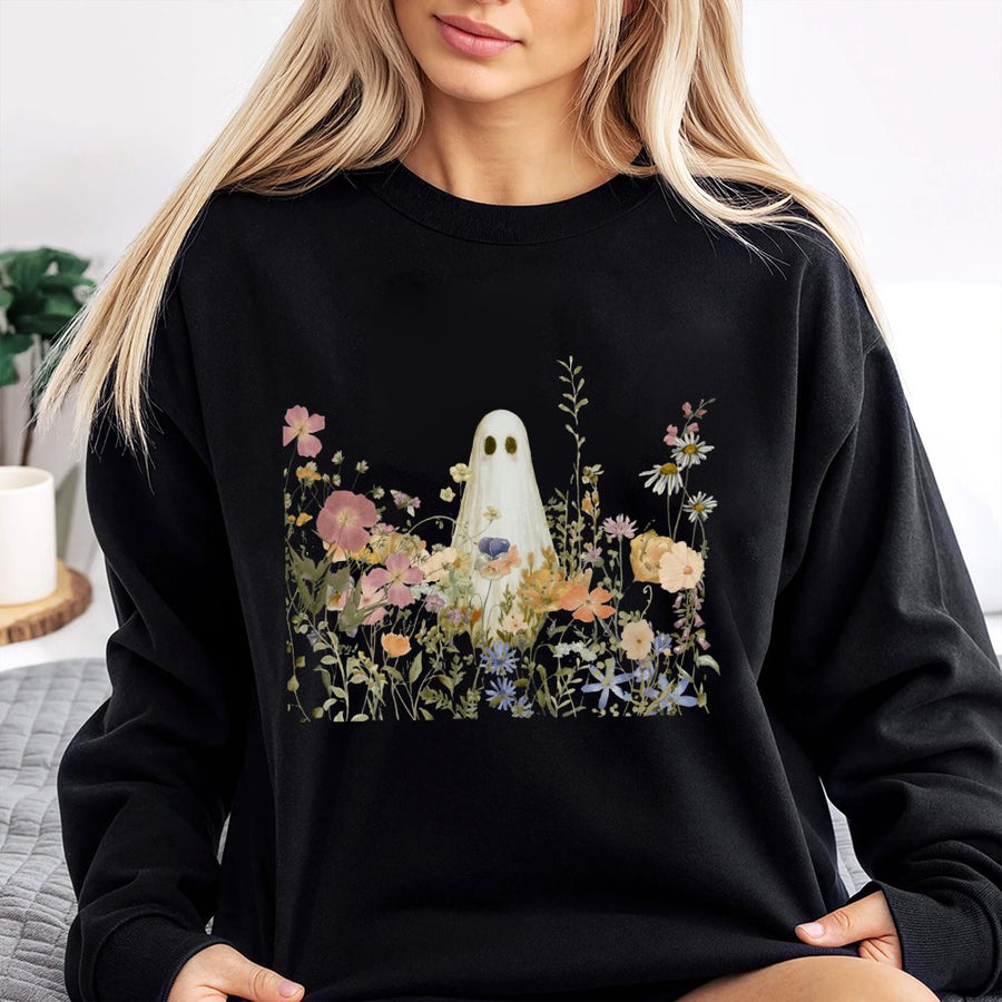 Cute Ghost Wildflower Sweatshirt | Aesthetic Floral Halloween Graphic | Soft Cotton Blend Unisex Pullover | Spooky Fall Gift for Women & Girls