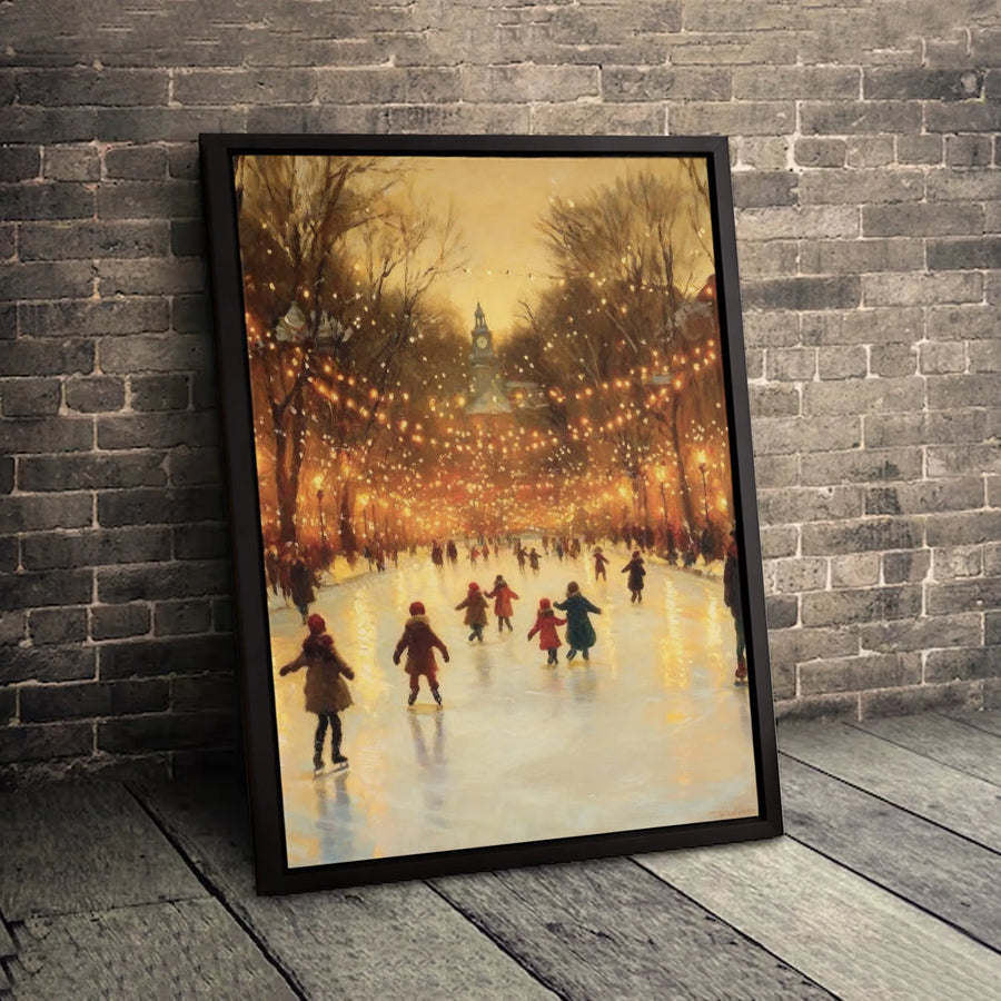 Winter Ice Skating Canvas Art | Festive Park Christmas Lights Painting | Premium Gallery Wrap Print | Holiday Home Decor Gift