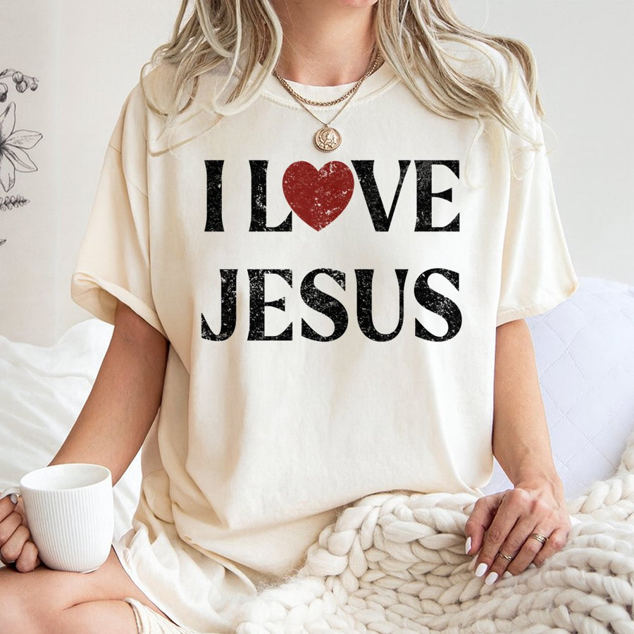 I Love Jesus T-Shirt | Distressed Red Heart Religious Graphic | 100% Cotton Premium Tee | Christian Faith Gift for Men and Women