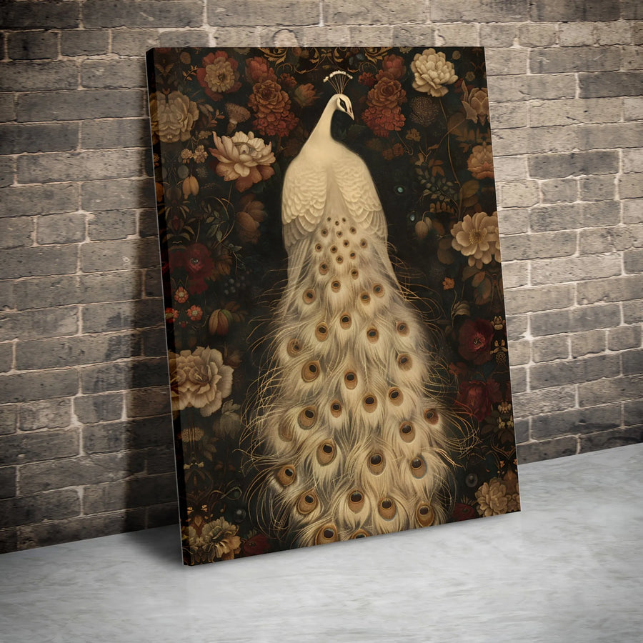 White Peacock Wall Art Canvas | Moody Botanical Dark Floral Print | Gallery Wrap 1.25 Inch Premium Decor | Elegant Bird Home Office Gift