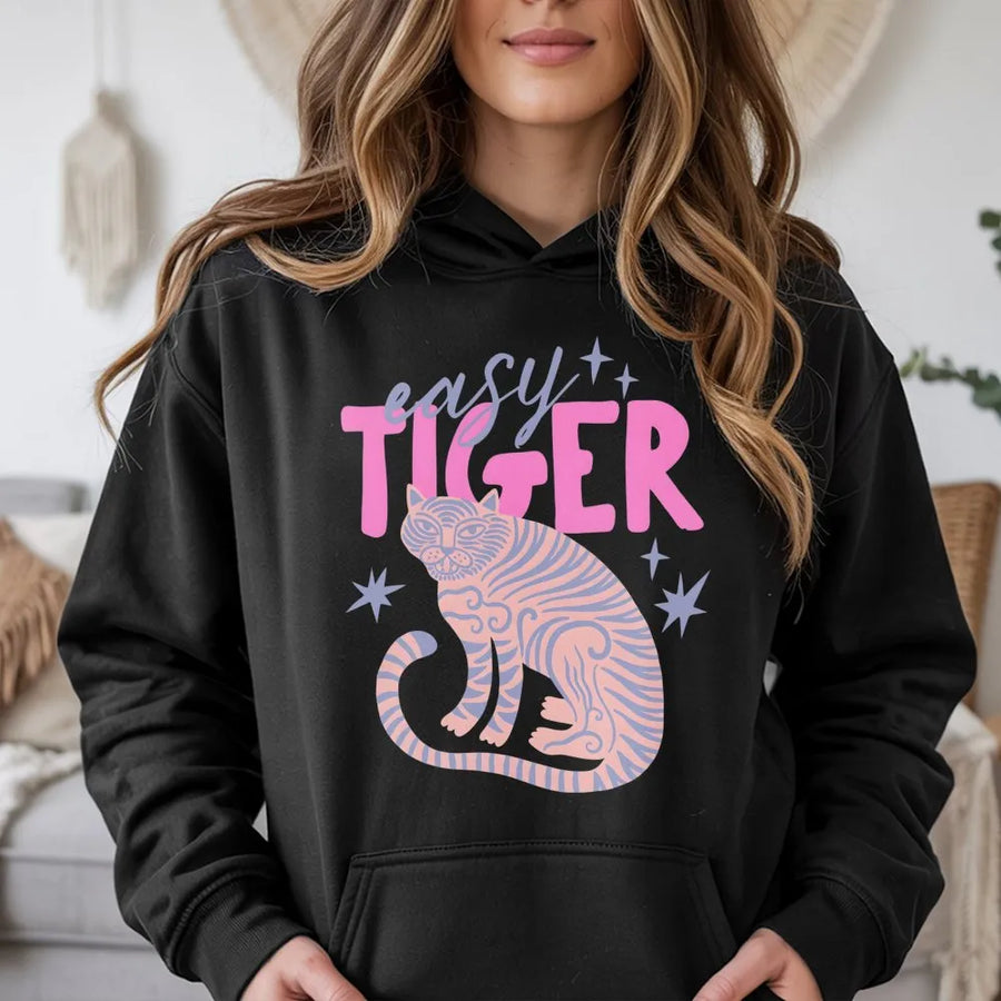 Easy Tiger Hoodie | Retro Tiger Graphic | Premium Soft Cotton Blend | Trendy Boho Pullover Gift for Her