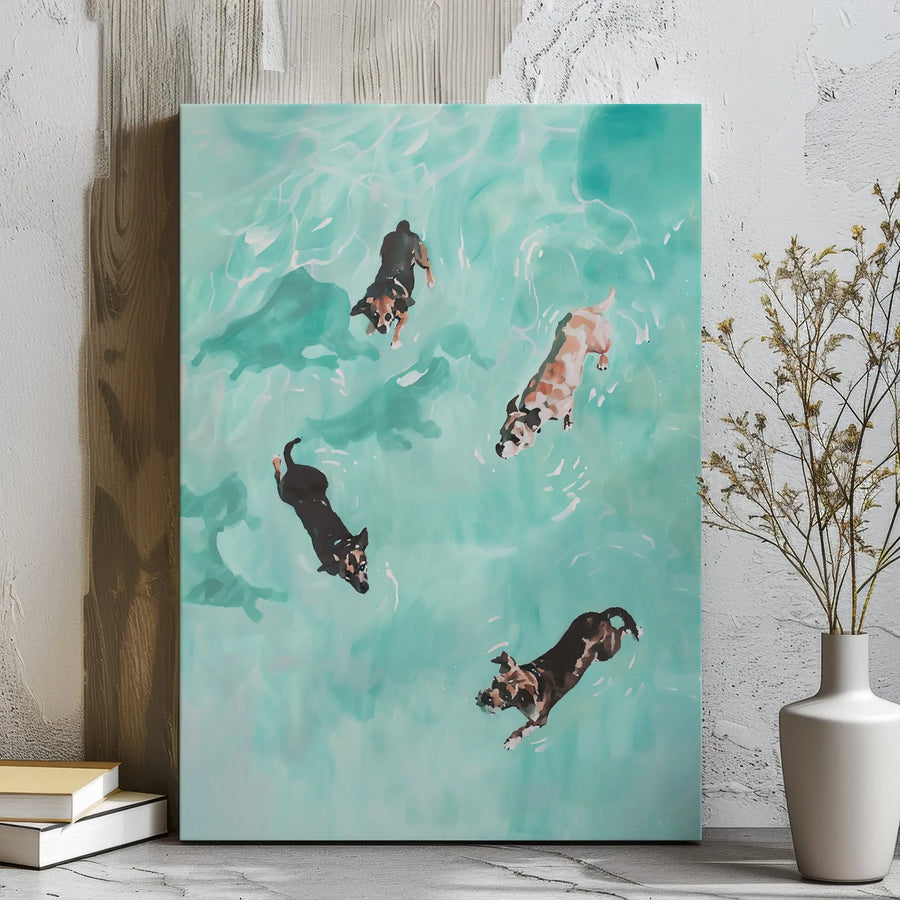 Dog Swimming Pool Canvas Print | Aerial Coastal Water Art | Gallery Wrap Premium Decor | Dog Lover Wall Art Gift