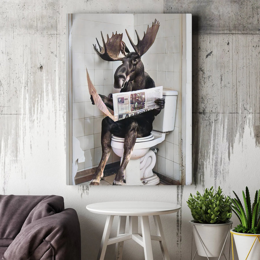 Funny Moose Wall Art | Quirky Animal Bathroom Decor | Premium Gallery Canvas | Humorous Gift for Wildlife Lovers