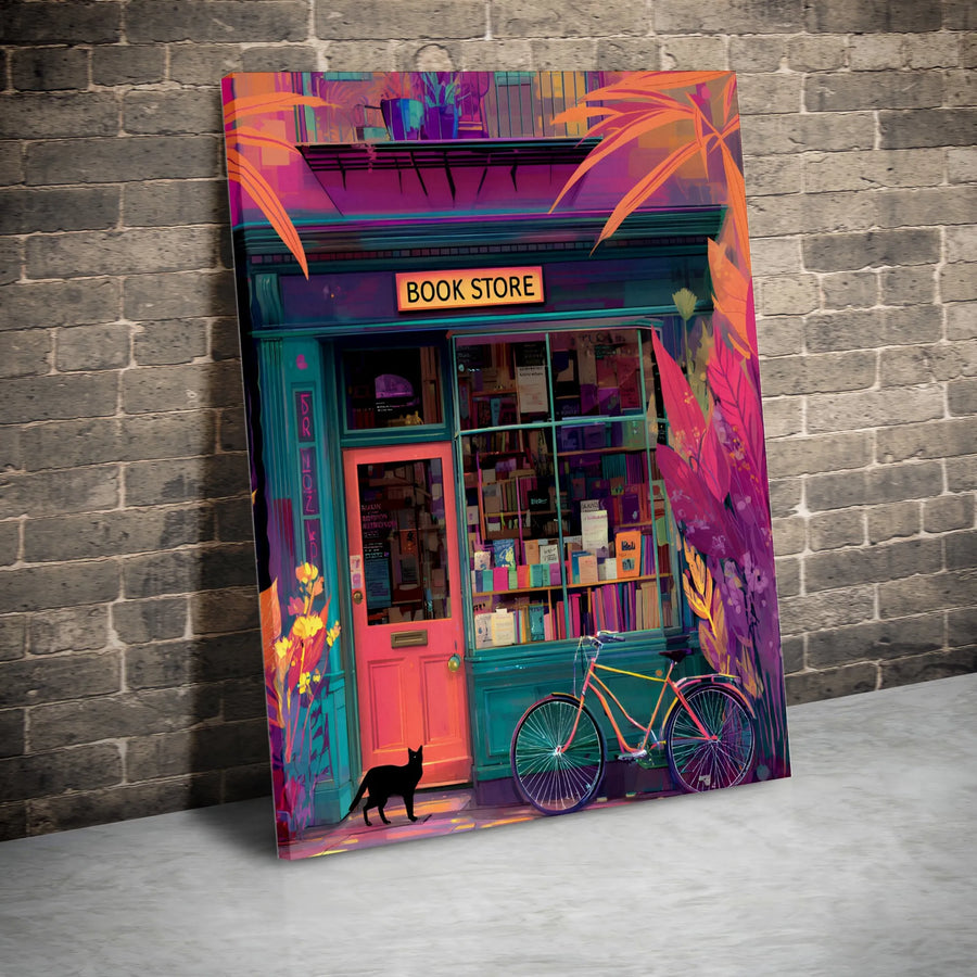 Bookstore Canvas Wall Art | Vibrant Library Night Scene With Black Cat | 1.25" Premium Gallery Wrapped Print | Book Lover Home Decor Gift