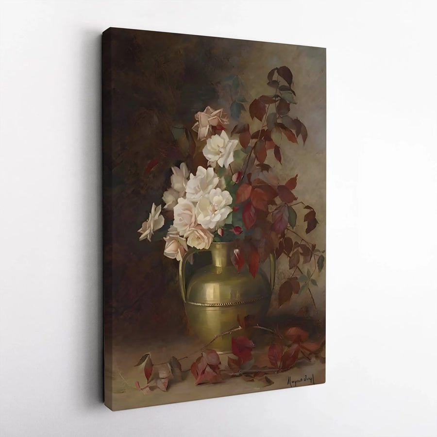 Vintage Floral Still Life Canvas Art | White Roses In Brass Vase Print | Premium Gallery-Wrapped Wall Decor | Classical Oil Painting Style