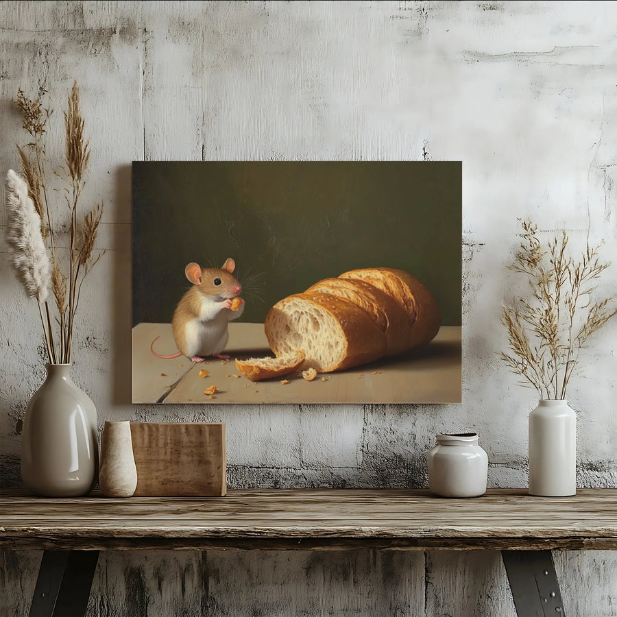 Mouse and Bread Canvas Wall Art | Vintage Oil Painting Style Still Life | Premium Gallery Wrapped Print | Whimsical Cottagecore Kitchen Decor Gift