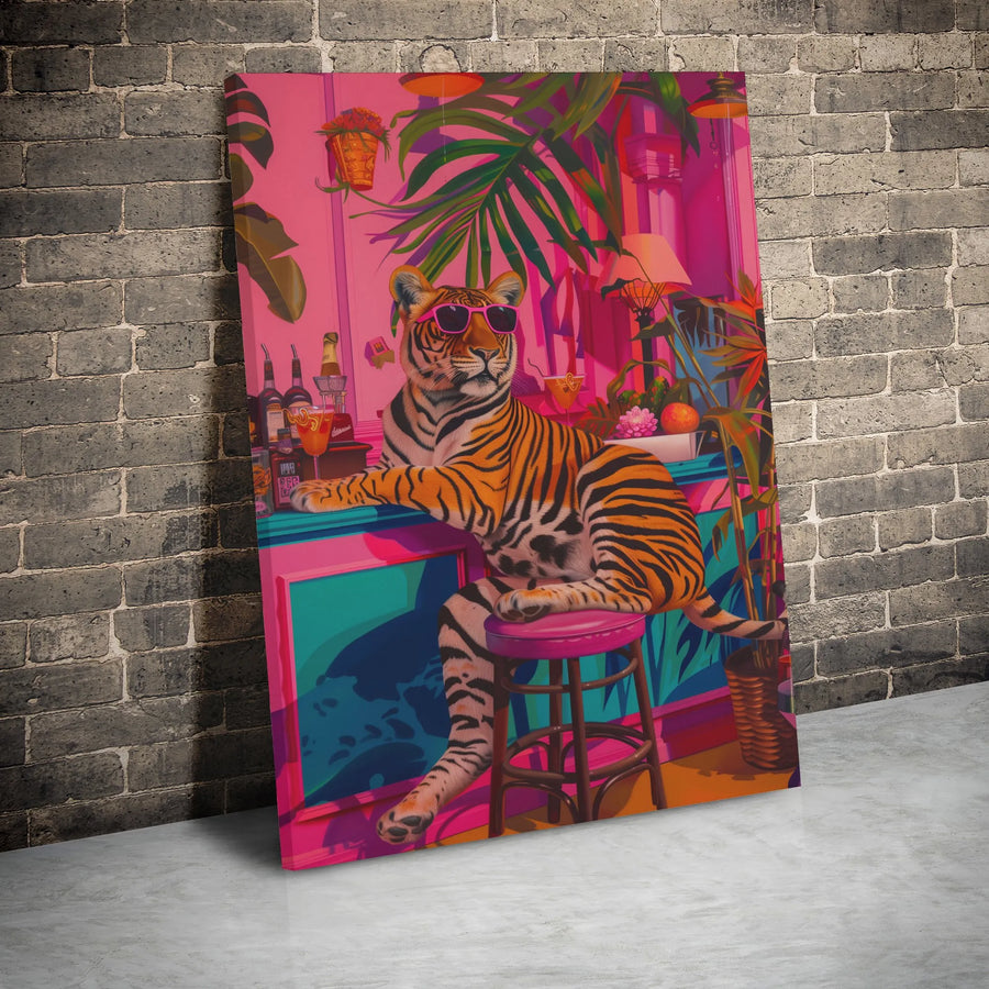 Tropical Bar Tiger Canvas Wall Art | Whimsical Neon Jungle Animal Decor | Premium Gallery Wrapped Print | Bold Maximalist Home Accent