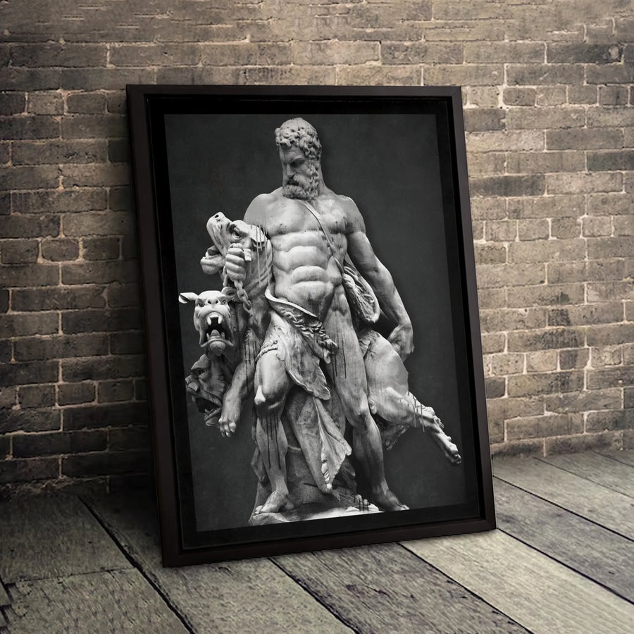 Hercules and Cerberus Wall Art | Greek Mythology Statue Canvas Print | Premium Fade-Resistant Decor | Gift for History Lovers