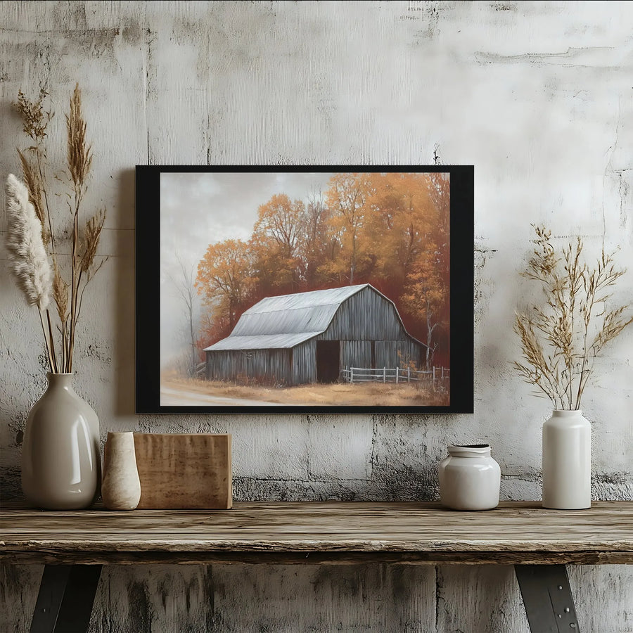 Rustic Barn Wall Art | Foggy Autumn Landscape Canvas Print | Premium Gallery Wrap Decor | Farmhouse Living Room Wall Decor