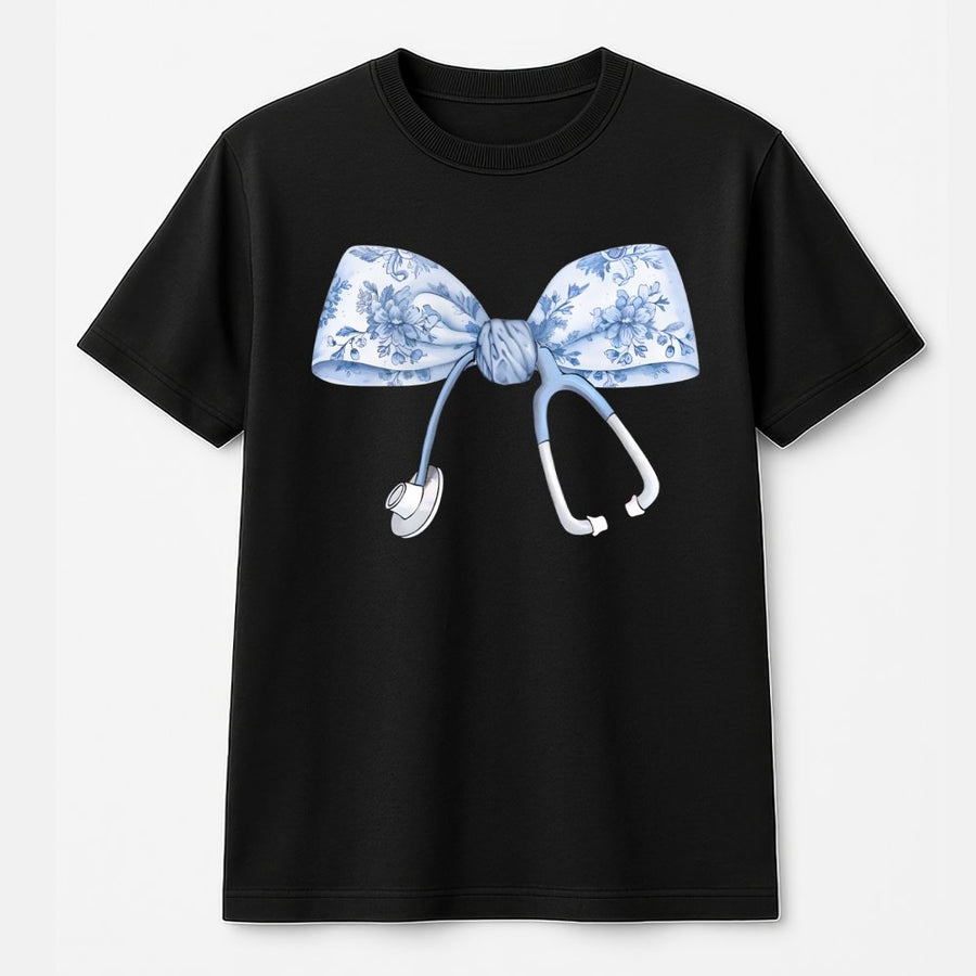 Nurse T-Shirt | Floral Coquette Bow Stethoscope Design | Premium Cotton Tee | Cute Nursing School Gift for RN LPN Student