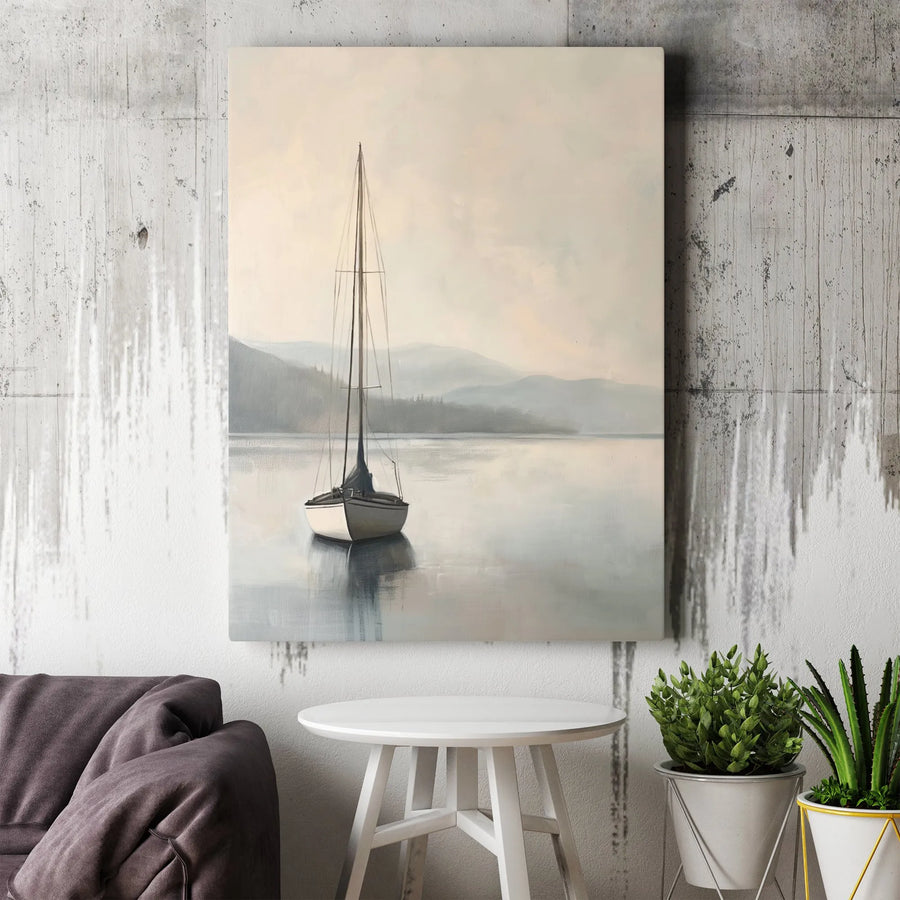 Sailboat Painting Canvas Wall Art | Minimalist Lake Scene with Misty Mountains | Premium Frameless Print | Nautical Home Decor Gift for Living Room