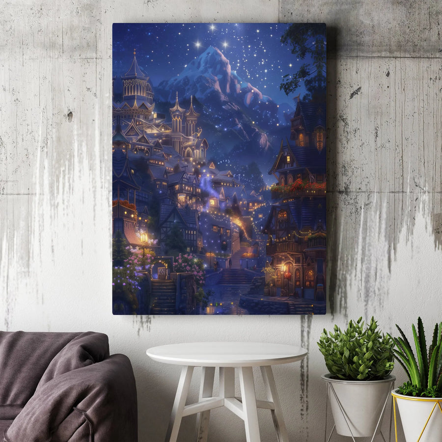 Fantasy Elven City Canvas | Enchanted Mountain Village Wall Art | Premium 1.25" Gallery Wrap | Magical Night Sky Decor For Fantasy Fans
