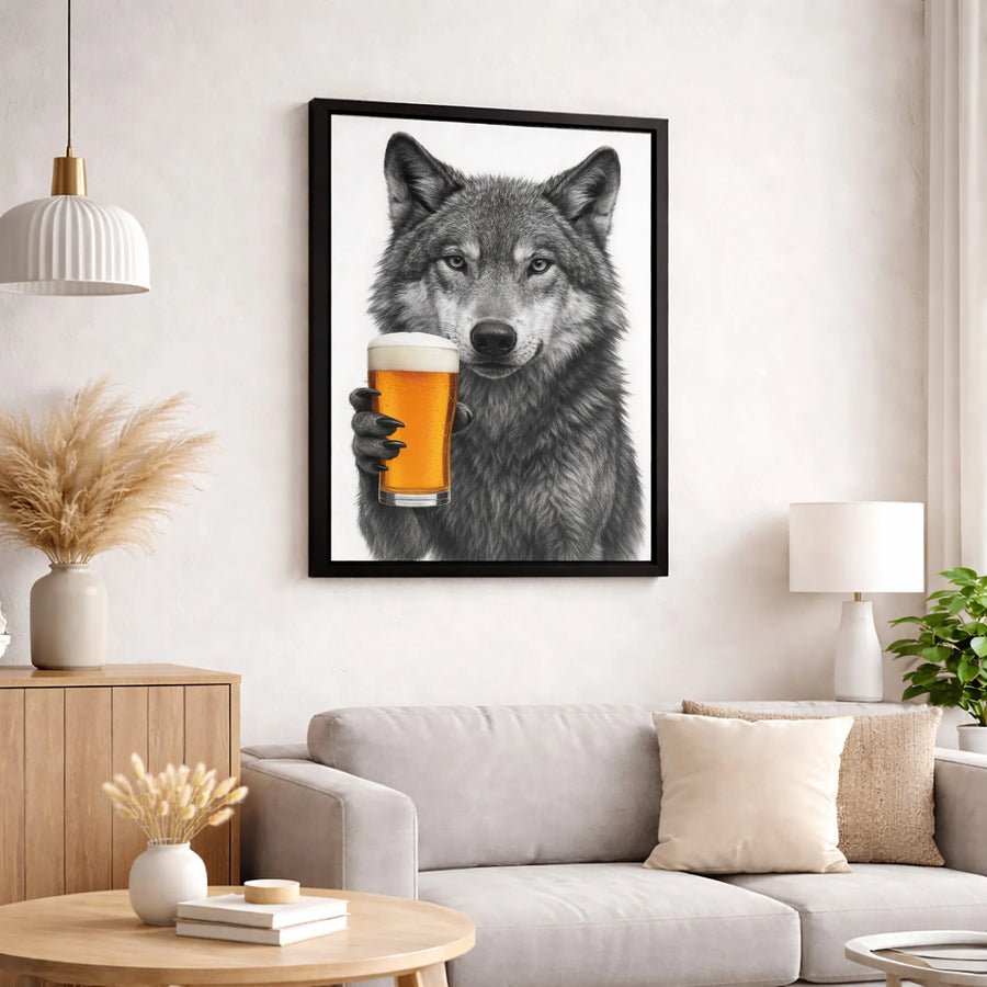 Wolf Holding Beer Canvas Wall Art | Funny Animal Bar Decor | Premium Fade-Resistant Print | Unique Gift for Beer Lovers & Man Cave Decor