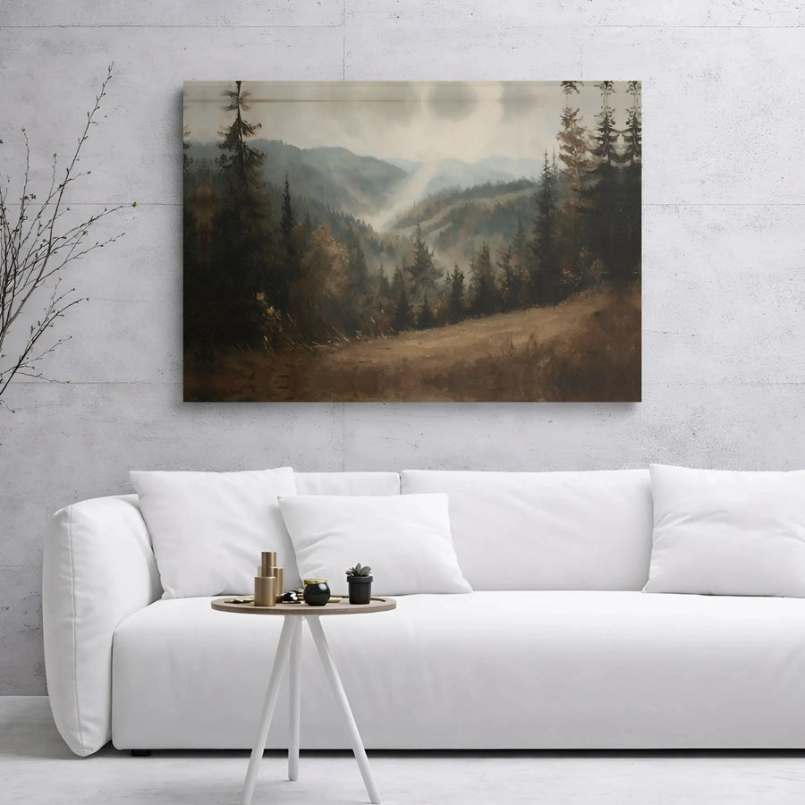 Misty Mountain Forest Canvas Wall Art | Moody Landscape Nature Print | Premium 1.25" Gallery Wrap | Earthy Home Decor for Nature Lovers
